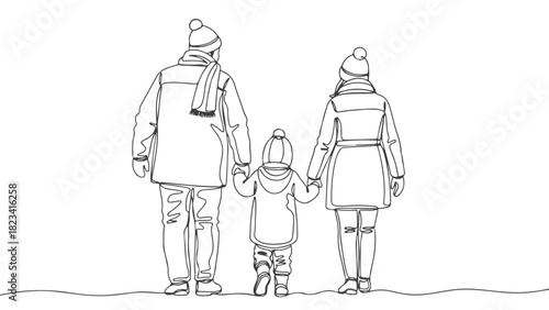 Minimalist continuous single line art illustration of a loving family walking together outdoors during winter, representing unity and warmth