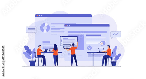 Flat vector Software development team coding on large UI windows