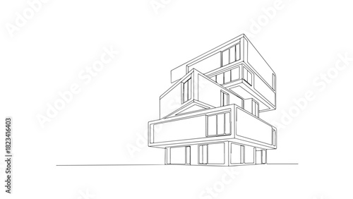 Single continuous line art of a modern building architecture design, a minimalist style illustration in eps format