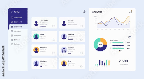 Flat vector CRM dashboard with contact cards and analytics panels