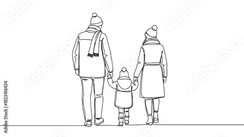 Continuous single line art drawing of a family walking in winter clothes. Minimalist vector illustration of parents and child holding hands