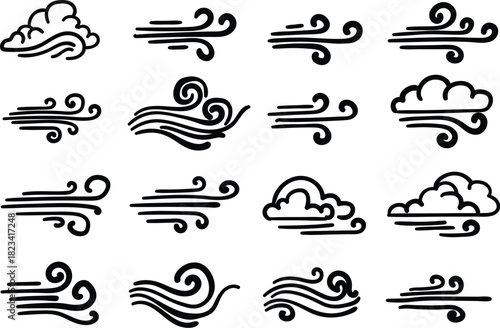 Vector art of set of wind and cloud icons representing weather and air movement