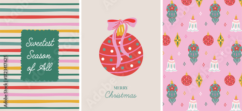 Modern Christmas card and pattern set. Colorful hand-drawn ornaments, striped backgrounds, and festive holiday elements. Perfect for seasonal greeting cards, poster, invitation, gift tags, stationery.