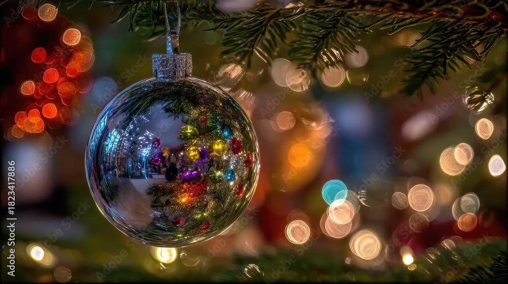Naklejka premium Detailed close-up of a shiny Christmas ornament reflecting festive lights and colors, capturing the spirit of the holiday season in a beautifully blurred background of joy and celebration.