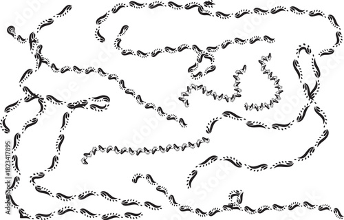 Vector art of multiple winding human footprints trails isolated on