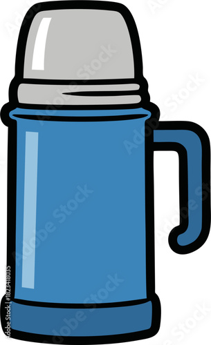 Blue Thermos Bottle with Handle and Silver Cap.