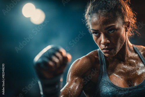 Sweaty athletic woman in boxing gloves throwing a punch toward the camera, eyes locked in intense focus under dramatic gym lighting, representing strength, determination, and fighting spirit.