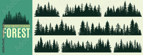 Set of pine tree, coniferous forest, mountain wild nature and botanical leaf silhouette. Vintage christmas or fir tree and winter garden landscape. Spruce icon, woodland or evergreen plant background.