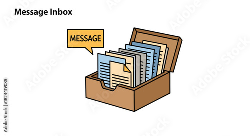 Message Inbox Stack of Documents in a Wooden Box Representing Communication and Information