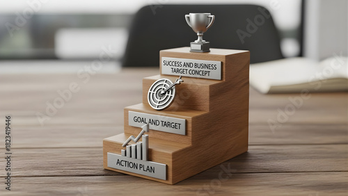 Wooden block steps on table with icons for action plan, goal, target, and success concept
Business target, project management, and company strategy illustration for corporate planning and achievement 