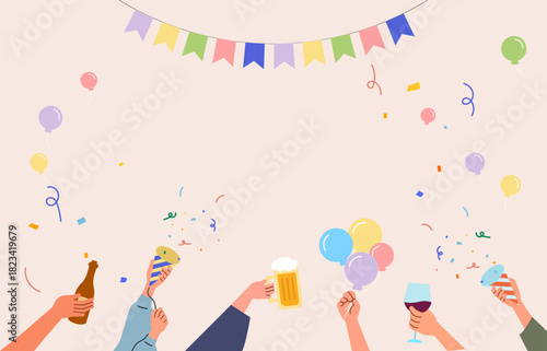 Vibrant Party Celebration background with Drinks, Confetti, and Balloons