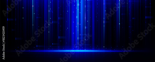Abstract digital tech background with glowing blue vertical lines and scattered light particles on dark surface. Data pattern with futuristic ai interface atmosphere for modern technology design.