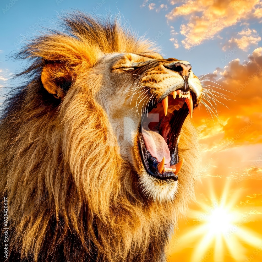 Naklejka premium Wild lion roaring at sunset african savanna animal photography natural environment close-up majesty of wildlife