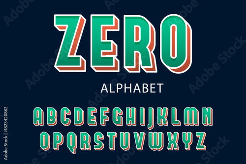Zero Alphabet Retro 3D Bold Display Font – Green and Orange Gradient Block Letters with White Outline on Dark Blue Background – Colorful Vintage Vector Uppercase Typography Alphabet Set A–Z