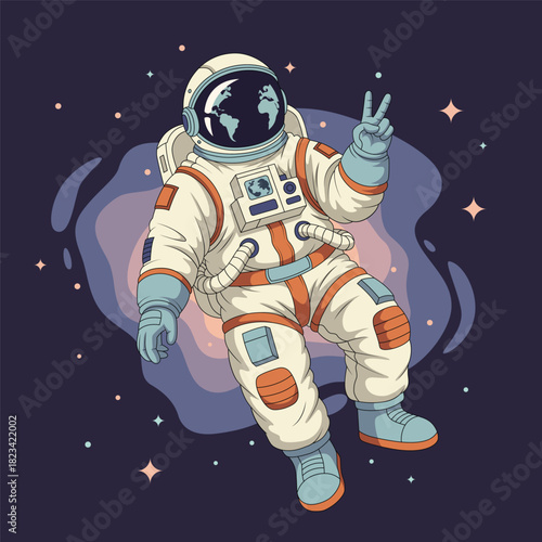 Astronaut Floating in Space with Earth Helmet and Peace Sign