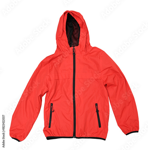 Demi-season red jacket with hood isolated on a transparent background. PNG.
