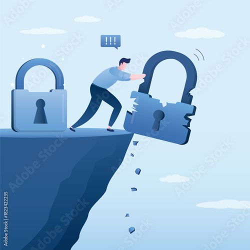 Smart businessman pushes broken padlock off from cliff into abyss. Creating reliable security. Confident user replacing weak security with more reliable one.