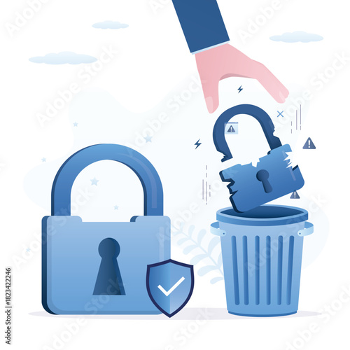 Smart businessman throw away broken padlock into trash can. Creating reliable security. Best firewall.