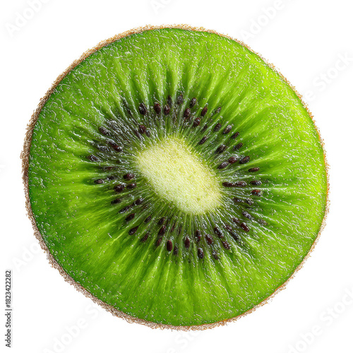 Fresh kiwi fruit with vibrant green interior, isolated on transparent background, detailed texture, photorealistic