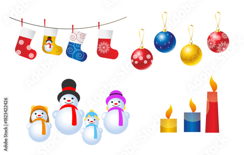 Christmas vector set of elements. Christmas tree balls snowmen candles and gift socks. 