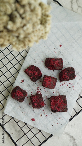 selective focus brownies with red velvet topping, on cooling rack