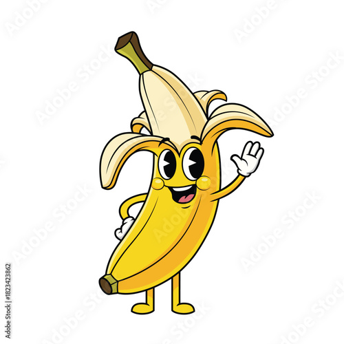 Happy Cartoon Banana Waving Hello with Big Eyes and Smile