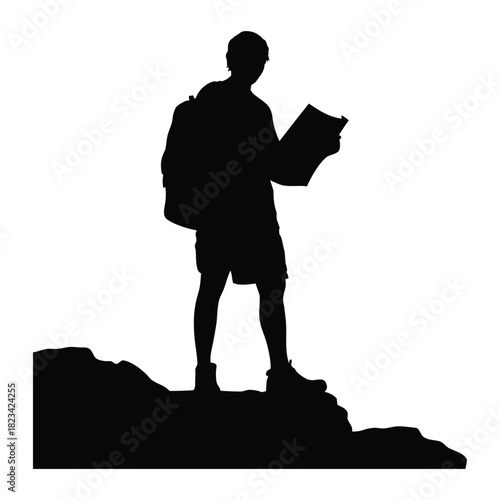 Hiker Reading Map Silhouette Vector Illustration, Backpacker Exploring Trail and Navigation Concept