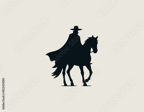 Dramatic black vector silhouette of a mysterious caped rider on a powerful horse, wearing a wide-brimmed hat, set against a subtle circular light element