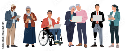 Diverse business people using laptops and tablets, including seniors, a woman in hijab, a wheelchair user, and a man with a prosthetic leg. Modern flat vector illustration on transparent background
