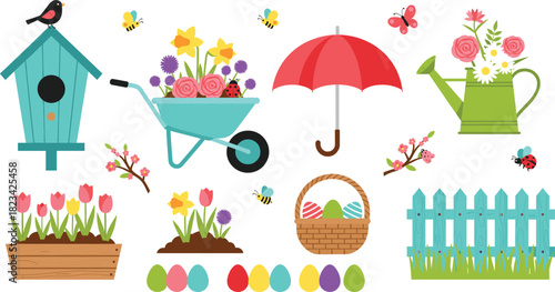 Set of Cute Spring and Easter Vector Illustrations, Featuring Birdhouse, Flowers in a Wheelbarrow, Umbrella, Watering Can, Wooden Fence, and Colorful Easter Eggs.