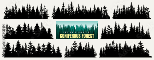 Silhouette of coniferous forest, christmas tree and mountain nature background. Wild pine forest, spruce and evergreen woodland landscape. Tree icon set. Panorama of beautiful botanical flower garden.