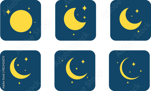 Celestial moon phases and stars on dark blue background