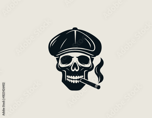black vector graphic of a stylish human skull wearing a traditional flat cap and exhaling smoke from a thick cigar firmly held between its bony teeth