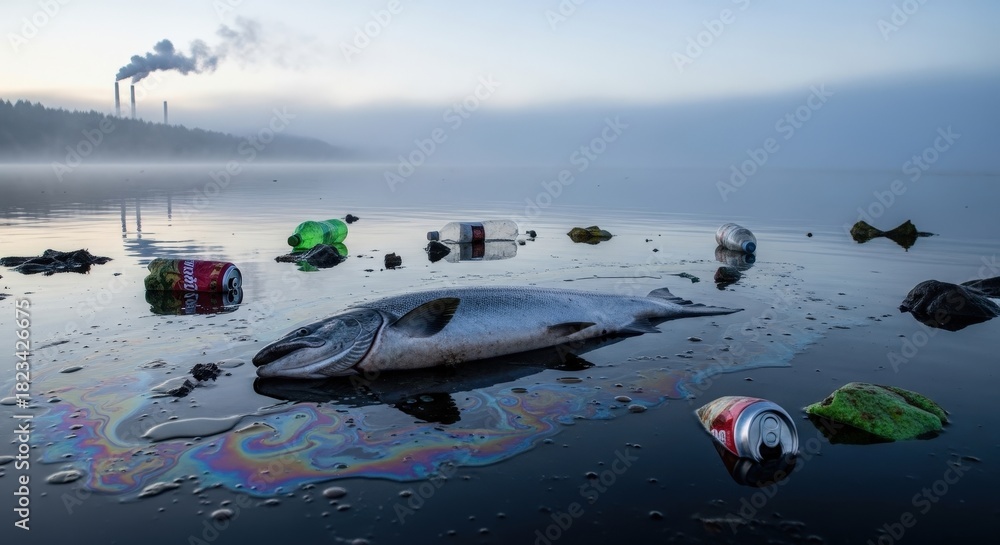 Fototapeta premium Dead fish, plastic bottles, cans, slick float in polluted water near smoking industrial chimneys