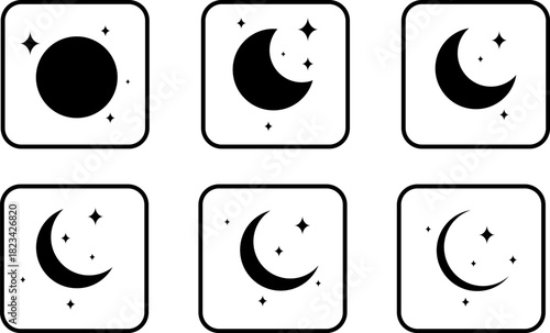Celestial phases and star icons in rounded squares
