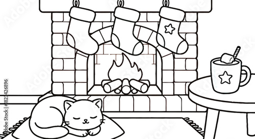 Christmas fireplace stockings cat cocoa winter holiday cozy home hearth season joy