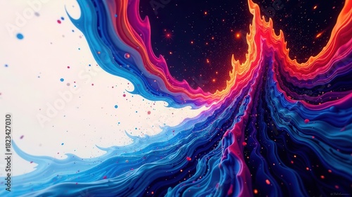 Abstract Vibrant Hues Flowing Through a Cosmic Landscape of Dynamic Curves and Energetic Particles