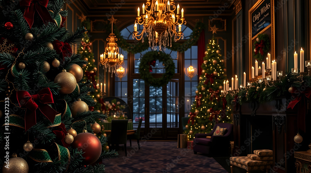 Fototapeta premium An elegantly decorated vintage living room with glowing Christmas trees and a warm fireplace creating a magical holiday ambiance at night