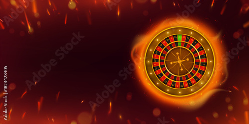 Casino wheel on fire sparks background. Vector realistic illustration of gambling banner design, fortune roulette top view, symbol of money win, online poker jackpot, fiery backdrop with hot flame
