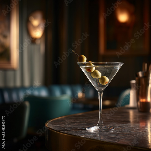 Wallpaper Mural Classic Dry Martini Cocktail with Olives on Marble Bar Counter in Dimly Lit Luxury Interior Torontodigital.ca
