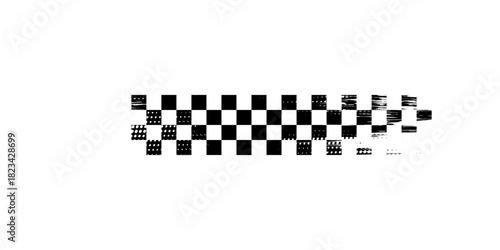 Rectangle frame with checkered print on borders. Rectangular vignette with checkerboard, race flag or chess game pattern isolated on white background. Vector graphic illistration.