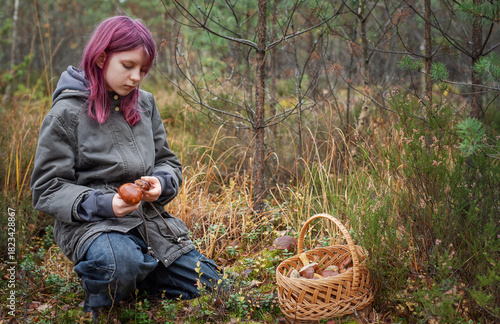 Young girl foraging mushroom in autumn forest picking