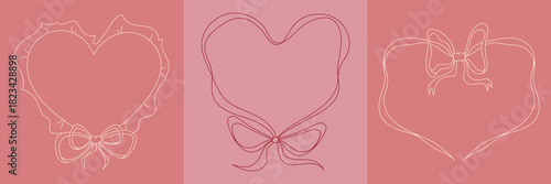 Heart frame with elegant bow and vintage lace borders in coquette pink design. Wedding inspired illustration with delicate ribbons and feminine ruffles. Hand drawn romantic sketch for valentine cards