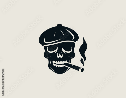black vector graphic of a stylish human skull wearing a traditional flat cap and exhaling smoke from a thick cigar firmly held between its bony teeth