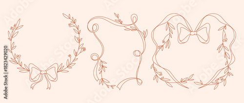 Coquette flower and ribbon frames set. Vector illustration of whimsical pink line borders decorated with floral design elements and bows, vintage style wedding invitation decor, elegant girly wreath