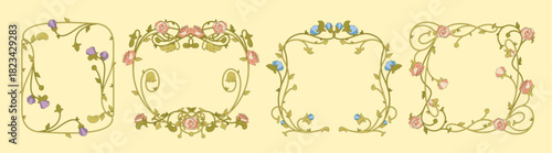 Art nouveau floral frame with elegant vintage border design. Decorative botanical ornaments with intricate leaves, roses and flowing vine patterns. Victorian style flourishes and ornate foliage.