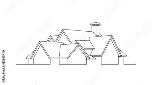 A continuous single line art drawing of a house with multiple gables and a chimney