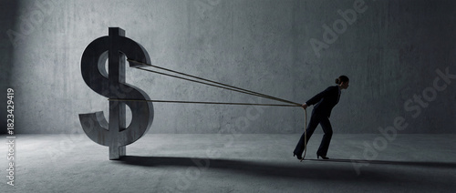 Person Pulled by Giant Tax Symbol in Dramatic Financial Concept