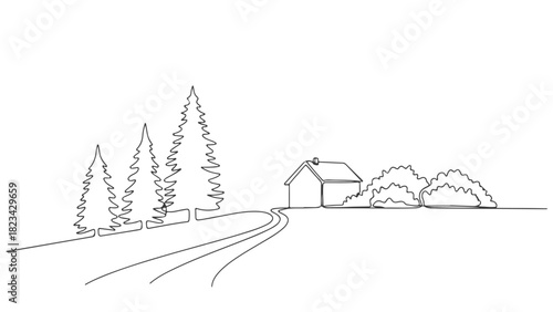 Single Continuous Line Art of Road, House, Trees, and Bushes Minimalist Landscape e