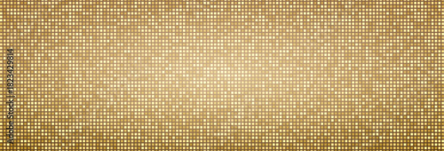 Disco ball background with glitter mosaic pattern and mirror tile texture. Golden sequin party backdrop with sparkle effect for dance club floor. Seamless disco wall with neon light and retro shine.
